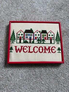 Vintage Cross-stitch Welcome Sign Handmade Red Frame Cottage-core